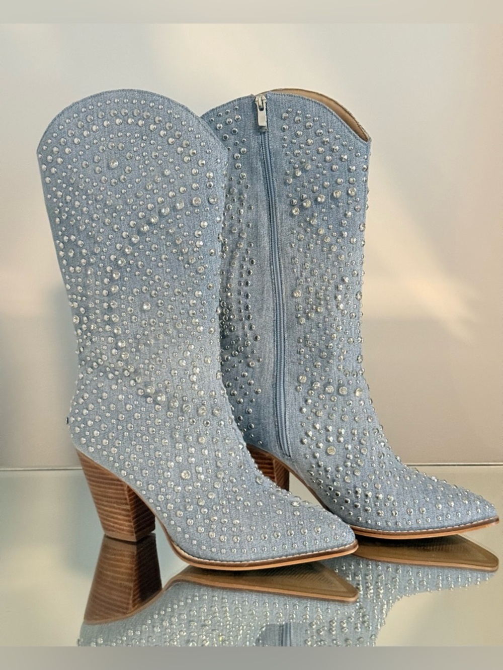 CORKY’S Hey Girl Light Blue Denim Cowboy Boots with Silver Rhinestones Size 9